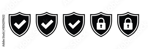 Shield check mark icon showing protection, secure lock, and privacy symbols, ideal for security, data protection, safe browsing, and cybersecurity-related graphic designs