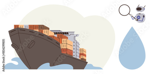 Large cargo ship carrying stacked containers, magnifying glass with monitoring equipment, water drop. Ideal for trade, logistics, sustainability, pollution control, maritime safety, transportation