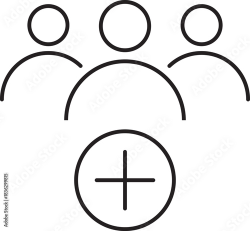 Line art icon representing adding a new user, member, or joining a social group or team.