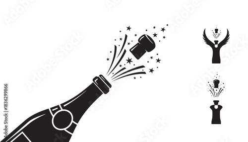 Celebration with Champagne Bottle and Exploding Cork Festive Occasion and Party Vector Illustration