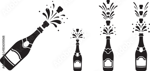 Celebration with Sparkling Champagne Bottles Popping Open for Festive Occasions and Special Events in Black and White