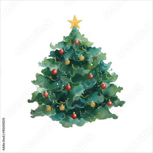 Round Puffy Watercolor Christmas Tree Vector Isolated on White Background
