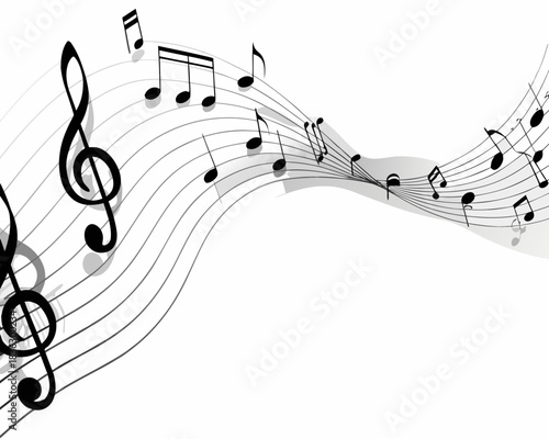 Elegant musical notes flowing in sweeping curves against a white background