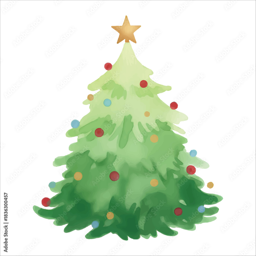 Fototapeta premium Cute Small Watercolor Christmas Tree Vector Isolated on White Background 