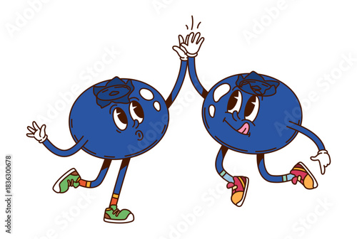 Cartoon groovy hippie blueberry berry fruit characters giving high five. Isolated vector cheerful bilberry retro personages wears vintage sneakers, showcasing funky vibes and exuding a sense of summer