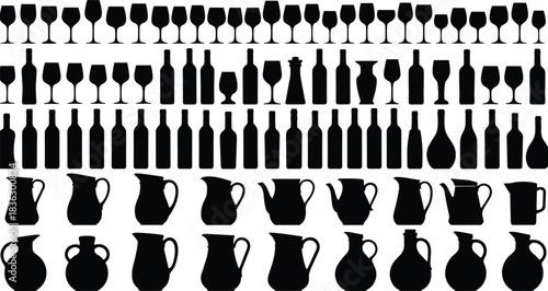 Large collection of black wine glass silhouettes, alcohol bottle icons, ceramic water jugs, and kitchen pitchers, vector set isolated on white background.