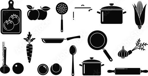 Kitchen utensil and cooking ingredient vector silhouette collection, including pots, pans, cutting board, and vegetables, essential for food, recipe, or culinary design concepts, 
