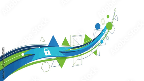 Modern security abstraction with vibrant green and blue shapes symbolizing data flow and protection for your digital assets and peace of mind now