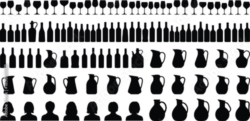 Large collection of black silhouettes including wine glasses, alcohol bottles, pitchers, and water jugs, mixed with woman head profiles, isolated on white background.