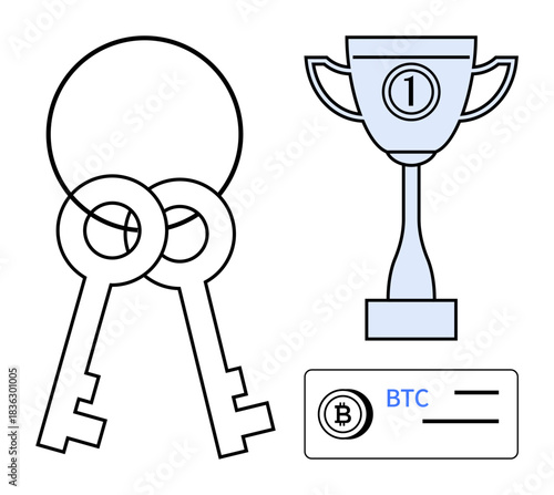 Cryptocurrency concept. Visual ation of secure access with keys trophy for success and Bitcoin wallet. Cryptocurrency for finance digital transactions and blockchain innovation
