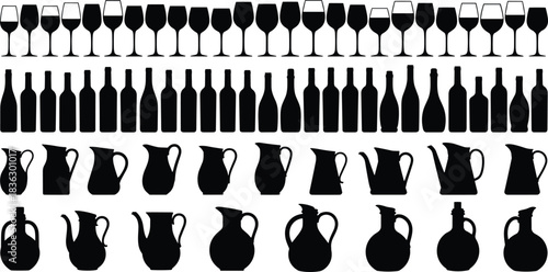 Large collection of black vector silhouettes featuring various wine glasses, liquor bottles, water jugs, and pitchers, isolated on white background, drinkware set