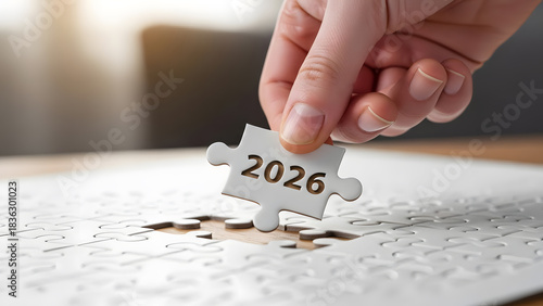 Hand holding the final white jigsaw puzzle piece with number 2026 to complete the picture on wooden table