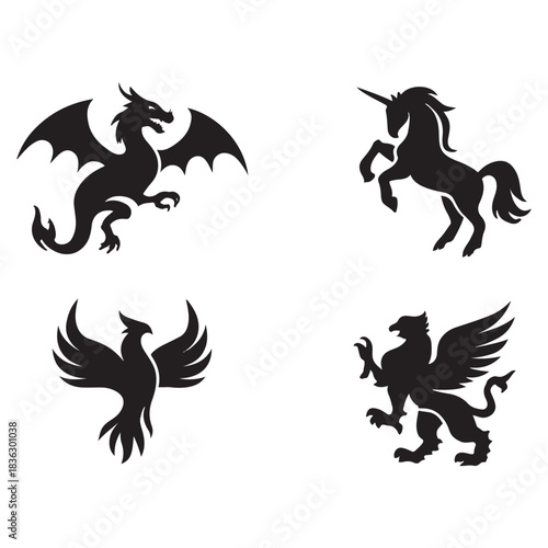 Mythical Creature Silhouette Logo Set – Dragon, Unicorn, Phoenix, Griffin
