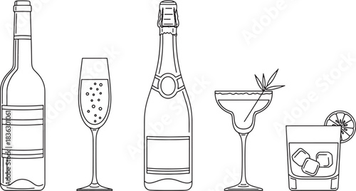 Elegant Line Art Illustration of Various Alcoholic Drinks and Glasses Perfect for Bar Menus and Cocktail Guides