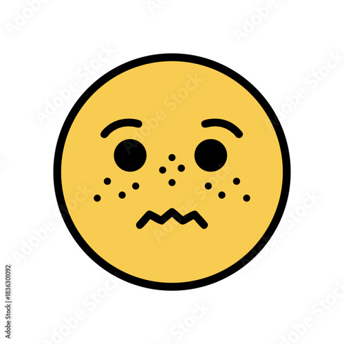 Worried yellow emoji face with freckles and wavy mouth on black background flat vector art minimalist clean sticker style 2d pure white