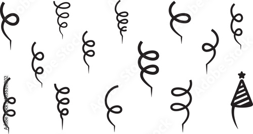 Festive Black and White Celebration Background with Party Hat and Confetti Decorations Ideal for Graphic Designs and Event Promotions