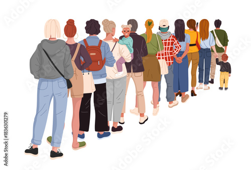 People queue, back view of diverse people standing in line. Cartoon flat vector men, women and children characters of different ages wear urban casual clothes queuing waiting in line one after another