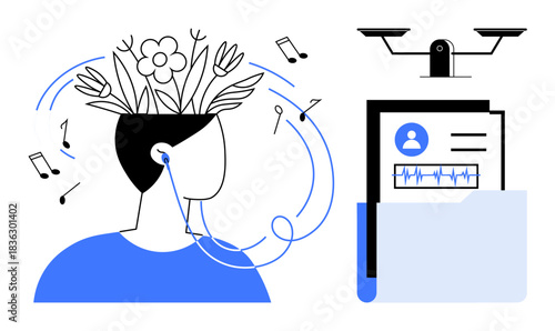Wellness lifestyles, privacy, data security, self-care, technology impact, creative expression. Person with flowers and music notes paired with folder and security camera. Wellness lifestyles