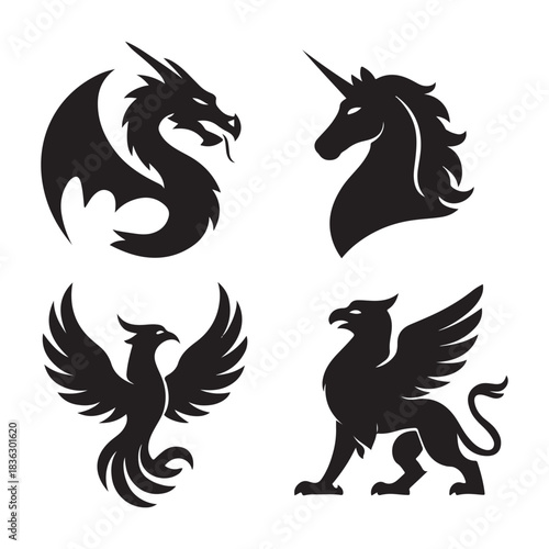 Mythical Creature Silhouette Logo Set – Dragon, Unicorn, Phoenix, Griffin