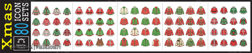 Festive winter outerwear icons for holiday promotions and seasonal campaigns, colorful coats and jackets perfect for apparel design and cozy winter fashion