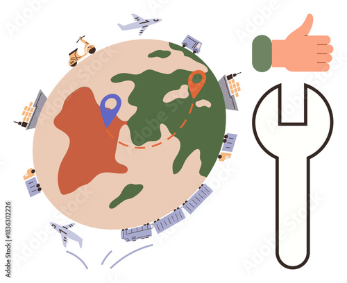Globe with map markers, transport modes thumbs up trucks, planes, and ships encircling it, alongside a wrench and a thumbs-up sign. Ideal for themes of logistics, transport, global trade