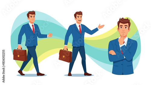 Successful Business Man in Action: Walking, Presenting, and Contemplating Strategy