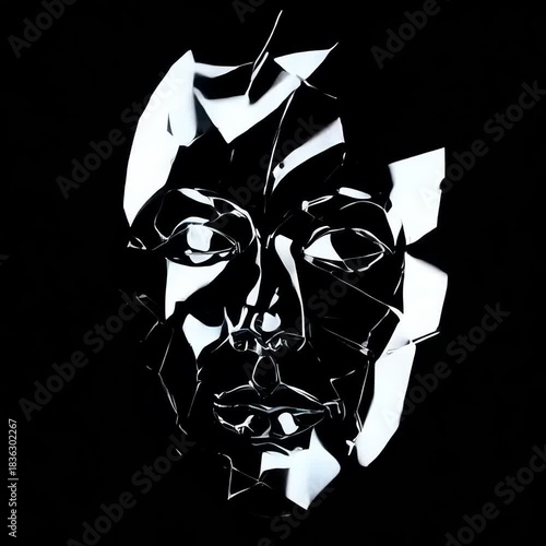 Abstract shattered fragmented face against a black background, artistic concept, creating a unique and captivating visual experience