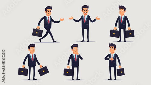 Cartoon Businessman in Various Poses: Professionalism and Efficiency Represented in Vector Format