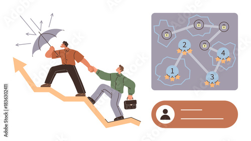 Two people navigating obstacles on an upward path with teamwork, umbrella for protection, briefcase, and task map. Ideal for growth, success, strategy, collaboration, leadership challenges