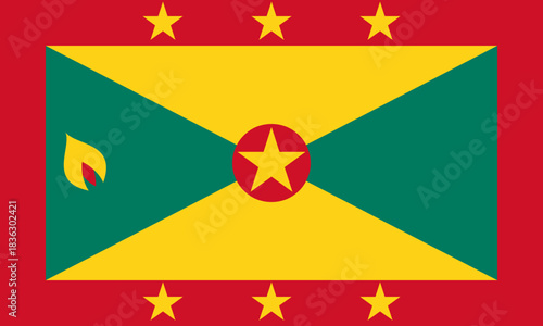 The national flag of Grenada, featuring a red border with six yellow stars, a central red disc with a yellow star, and diagonal yellow bands on a green field with a nutmeg symbol.
