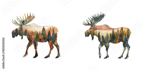 silhouette moose with forest scene inside watercolor vector illustration