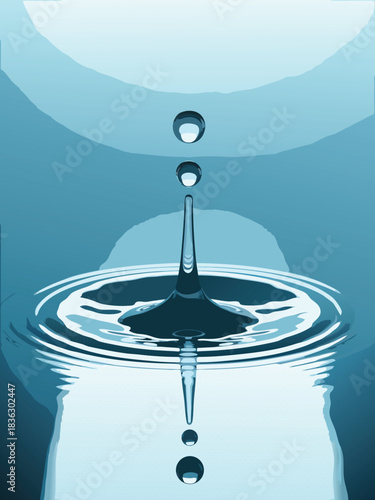 Abstract macro texture of clear blue raindrops on a wet transparent glass surface