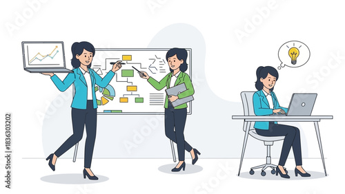 Businesswoman Illustrating Presentation on Whiteboard and Generating Ideas with Laptop