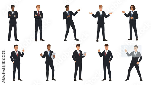 Diverse business professionals in formal suits showcasing various poses and presentations