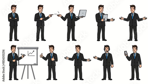Diverse businessman illustrations, showcasing various actions and technology interactions in business setting
