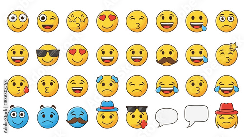Diverse collection of expressive emoji icons conveying various emotions and moods
