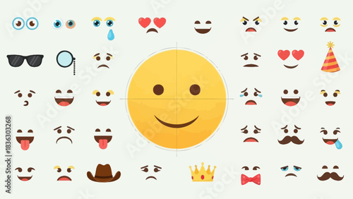 Diverse emoji icons arranged on a light background, conveying various emotions and accessories
