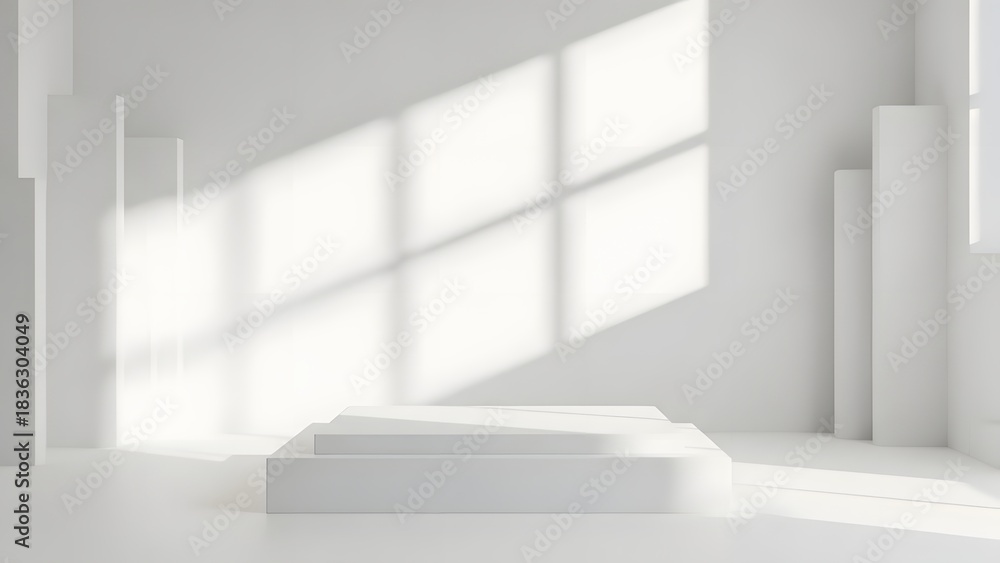 Fototapeta premium Minimalist Stage With Natural Light Casting Shadows - Clean White Product Display
