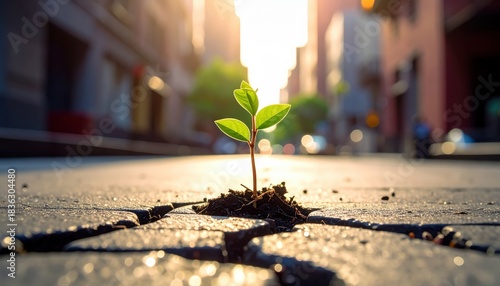 Fototapeta Naklejka Na Ścianę i Meble -  A small green sprout growing from a cracked urban pavement