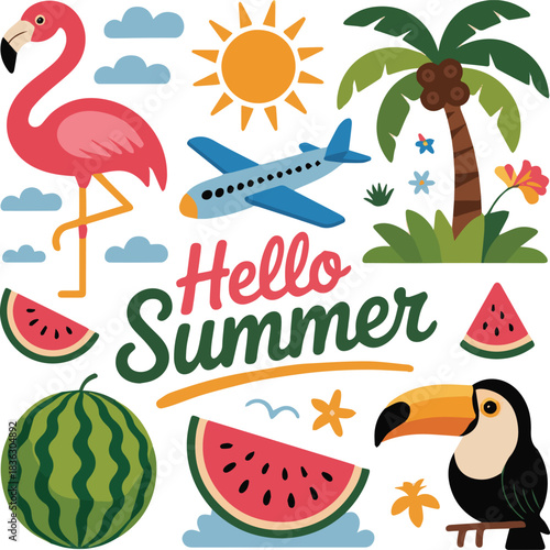 Create a Hello summer elements icon clipart set. Summer tropical element clip art like flamingo, airplane, watermelon, toucan and coconut tree colorful objects collection vector illustration