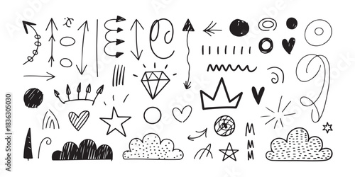 Set of hand drawn doodle arrows crowns clouds hearts diamonds stars and abstract shapes on white background