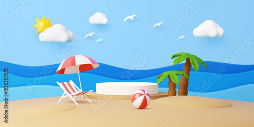 Summer beach podium stage with palms and chaise longue. 3d vector playful cartoon vacation scene with deck chair, striped umbrella, ball, blue waves, fluffy clouds, birds, sun and round display stage
