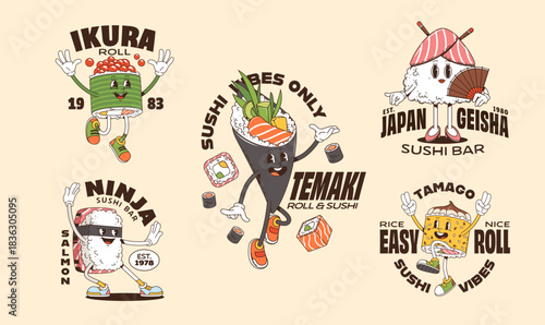 Groovy sushi roll characters for T shirt print and posters with cartoon Japanese food, vector personages. Groovy sushi stickers of sushi with funny faces, happy rice roll with funky ninja sushi