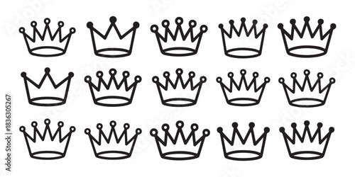 Set of crown icons collection of fifteen different crown designs with varying styles and details for royalty