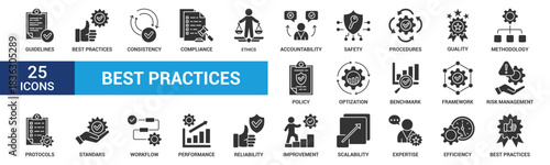 Best practices icon set. Containing workflow, guidelines, performance, standards, improvement, protocols, procedures and methodology. Glyph vector icons collection.