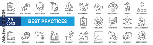 Best practices icon set. Containing workflow, guidelines, performance, standards, improvement, protocols, procedures and methodology. Outline vector icons collection.