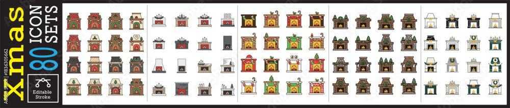 Naklejka premium Festive fireplace icons for cozy winter designs and holiday cheer, perfect for seasonal marketing campaigns and adding warmth to any project with 80 unique designs