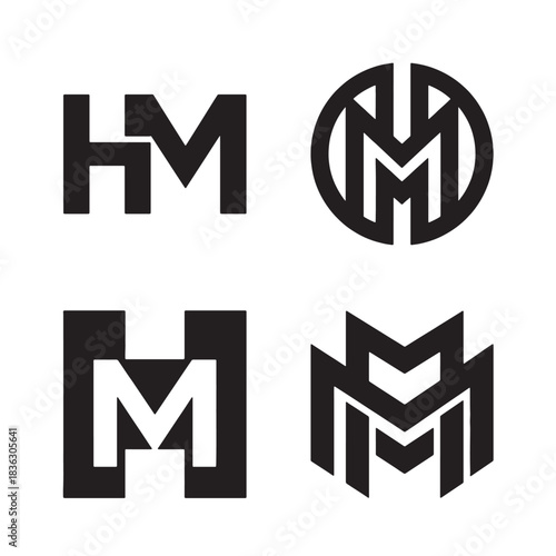 Collection of modern geometric abstract HM monogram logo designs in black and white, perfect for versatile branding and corporate identity applications.