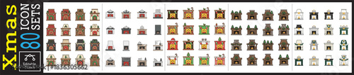 Festive fireplace icons for cozy winter designs and holiday cheer, perfect for seasonal marketing campaigns and adding warmth to any project with 80 unique designs