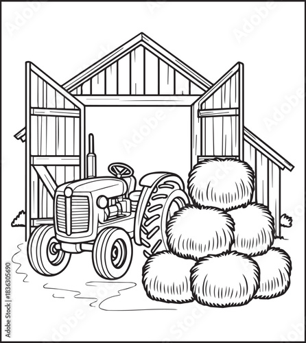 Tractor coloring page activity book for kids, black line art vector for design elements 